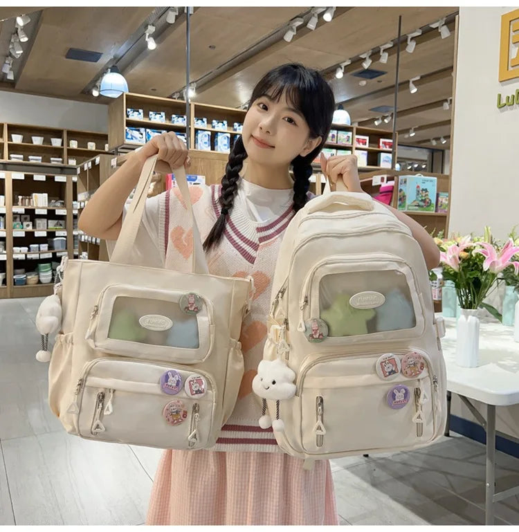 Mochila de camada transparente com vários bolsos e fecho, bolsa exterior grande