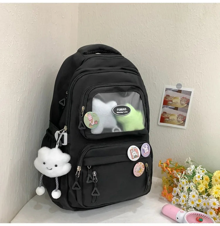 Mochila de camada transparente com vários bolsos e fecho, bolsa exterior grande