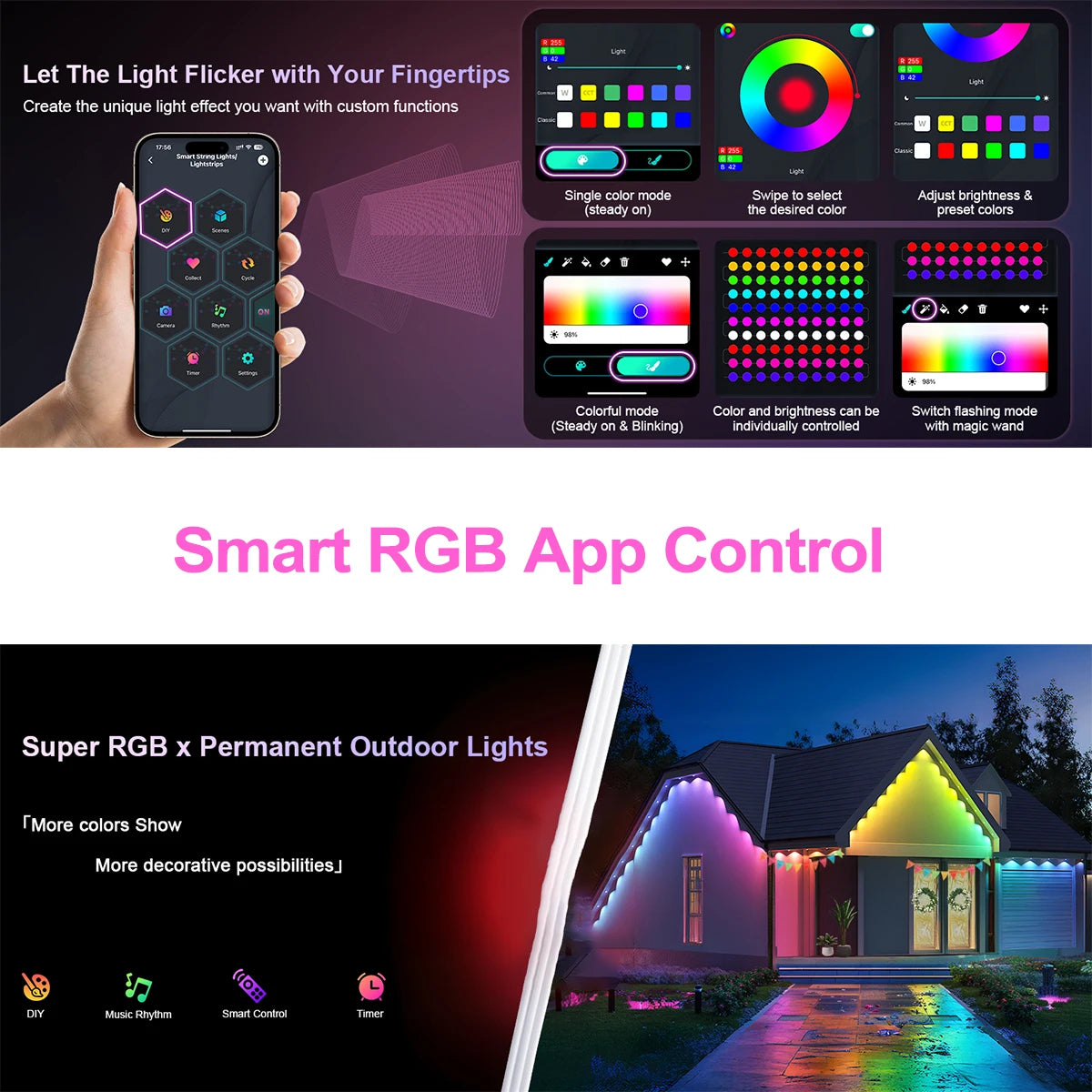 60M Smart RGB Eave Lights App & Remote IP67 Permanent Outdoor LED