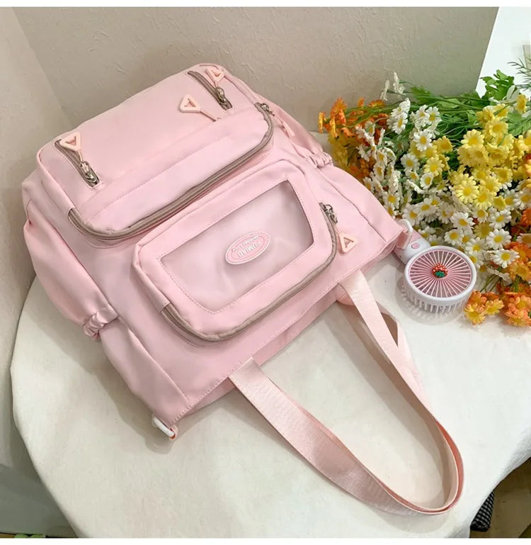 Mochila de camada transparente com vários bolsos e fecho, bolsa exterior grande