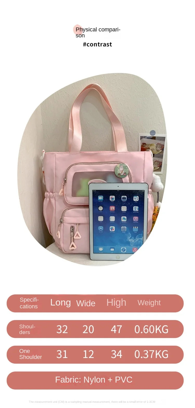 Mochila de camada transparente com vários bolsos e fecho, bolsa exterior grande