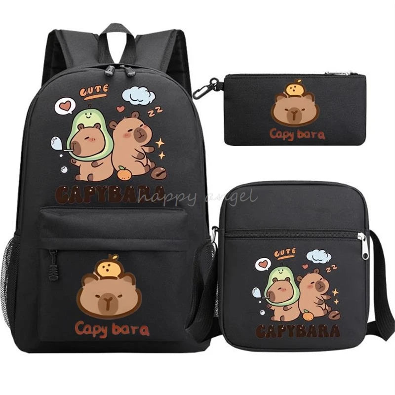New Capybara Anime Print 3Pcs/Set Backpack Teenager Boy School Bag Laptop
