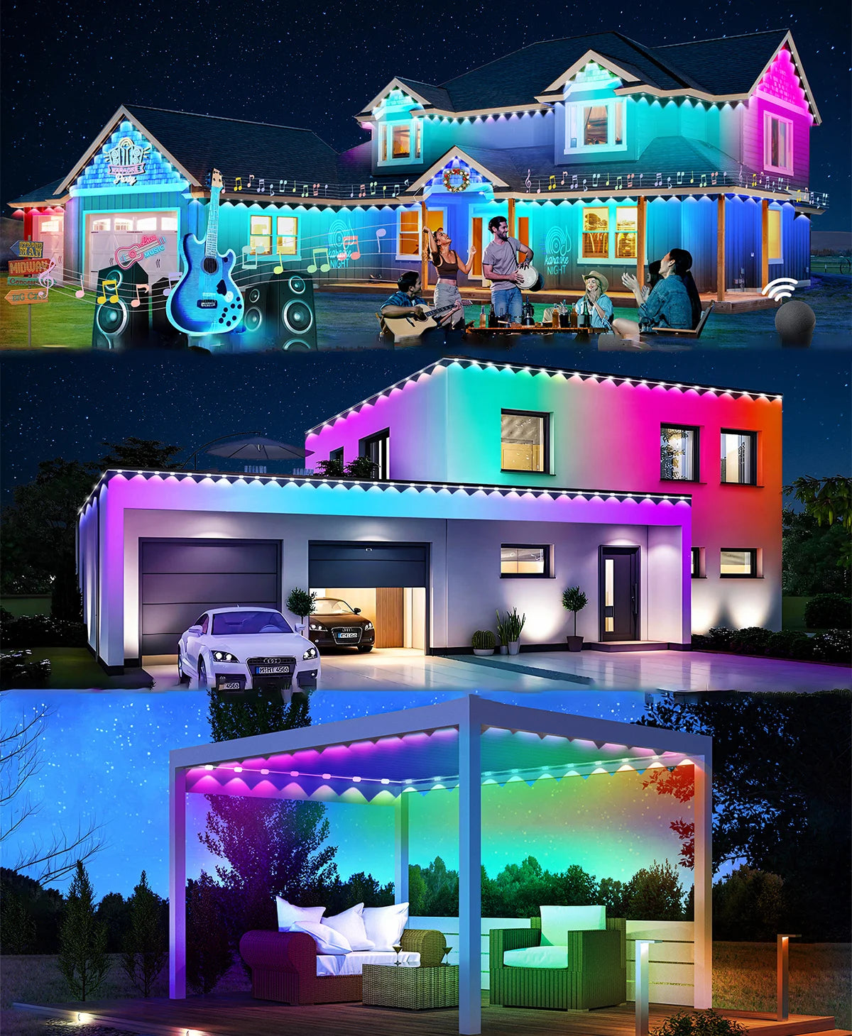 60M Smart RGB Eave Lights App & Remote IP67 Permanent Outdoor LED