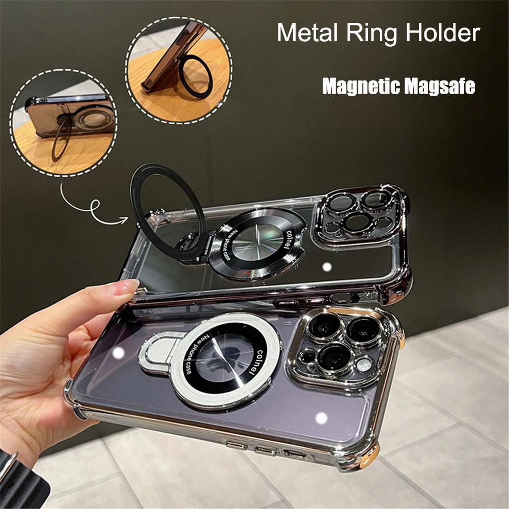 Luxury Plating Shockproof Magnetic Bracket For Magsafe Clear Case For iPhone