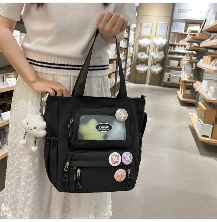 Mochila de camada transparente com vários bolsos e fecho, bolsa exterior grande