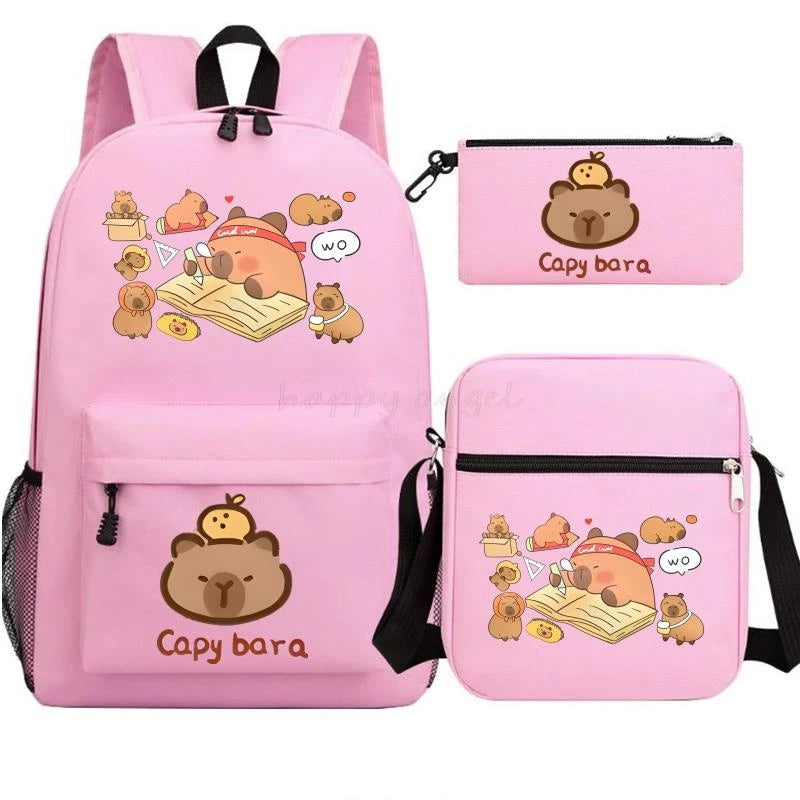 New Capybara Anime Print 3Pcs/Set Backpack Teenager Boy School Bag Laptop