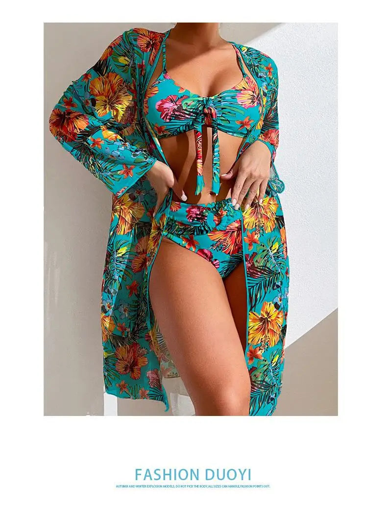 3-Piece Floral Bikini Set with Mesh Cover-Up