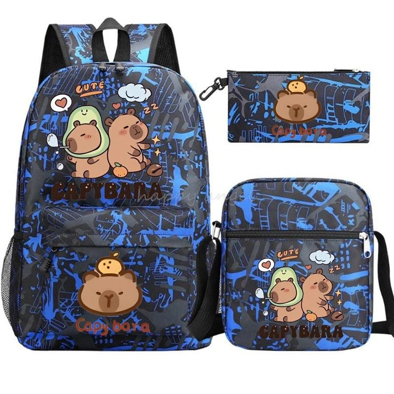 New Capybara Anime Print 3Pcs/Set Backpack Teenager Boy School Bag Laptop