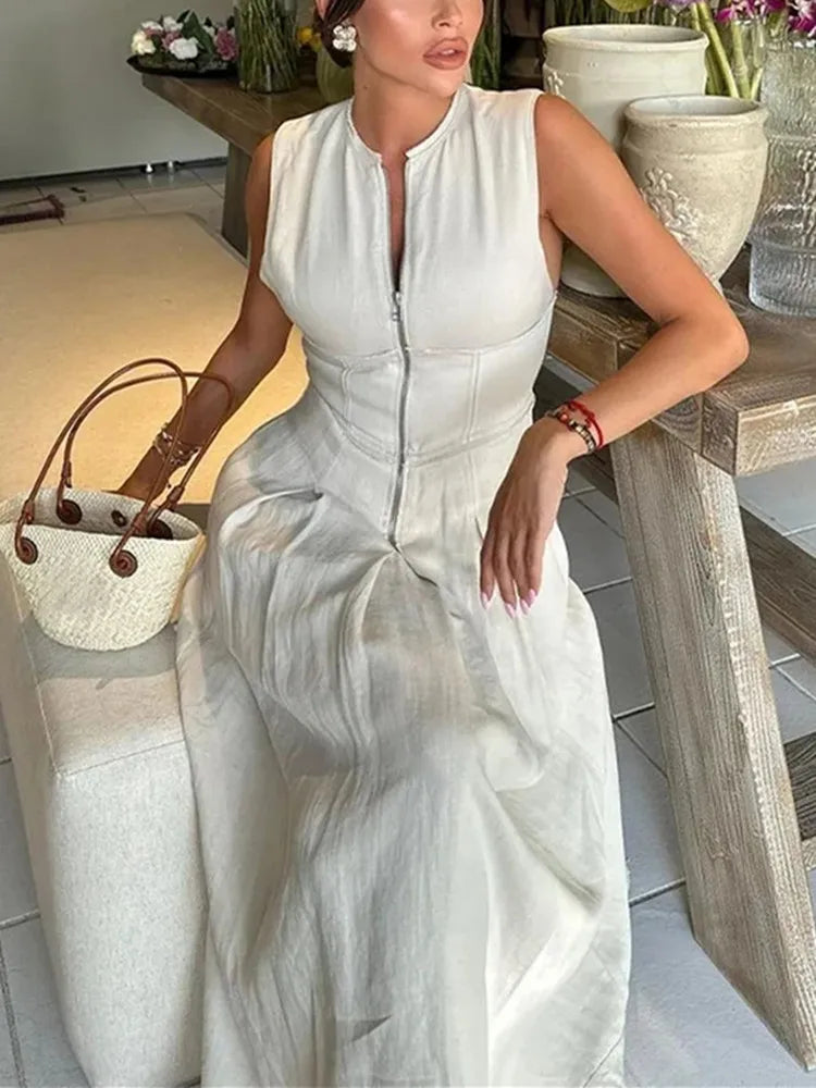 TRAF Vestido comprido com fecho para mulher plissado sem mangas