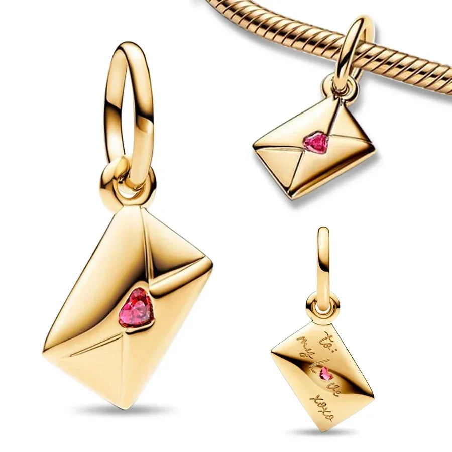 sterling silver 925 red love gold envelope mail pendant fit original pandora women's