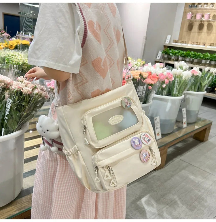 Mochila de camada transparente com vários bolsos e fecho, bolsa exterior grande