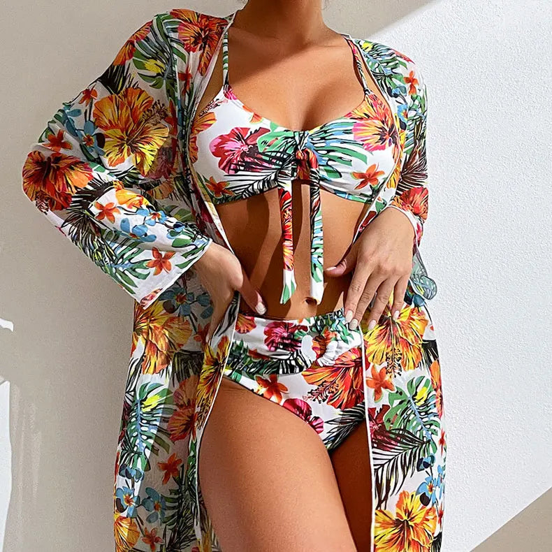 3-Piece Floral Bikini Set with Mesh Cover-Up