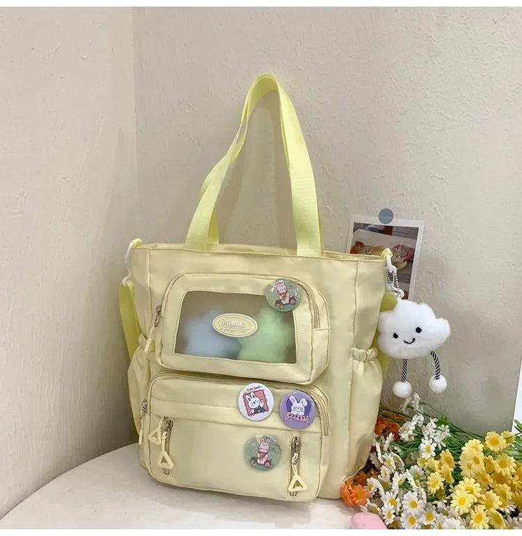 Mochila de camada transparente com vários bolsos e fecho, bolsa exterior grande