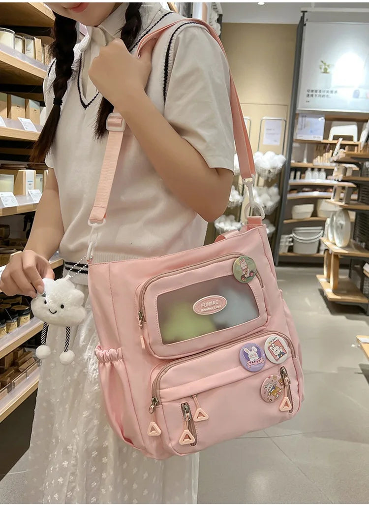 Mochila de camada transparente com vários bolsos e fecho, bolsa exterior grande