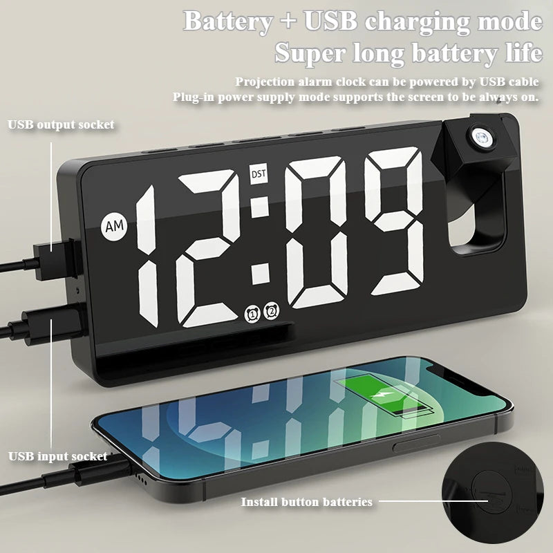 Despertador de projeção multifunções com carregamento USB e ecrã grande