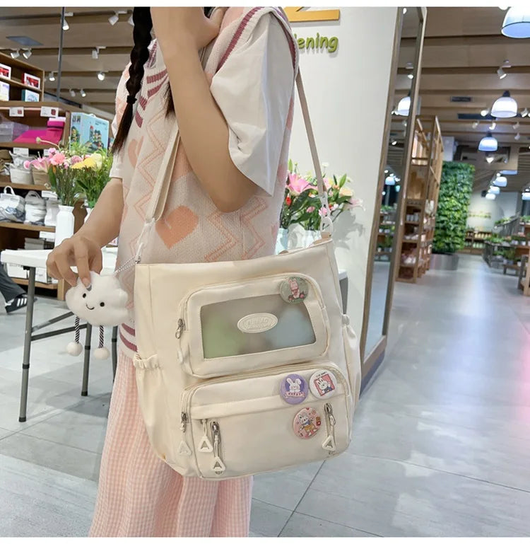 Mochila de camada transparente com vários bolsos e fecho, bolsa exterior grande