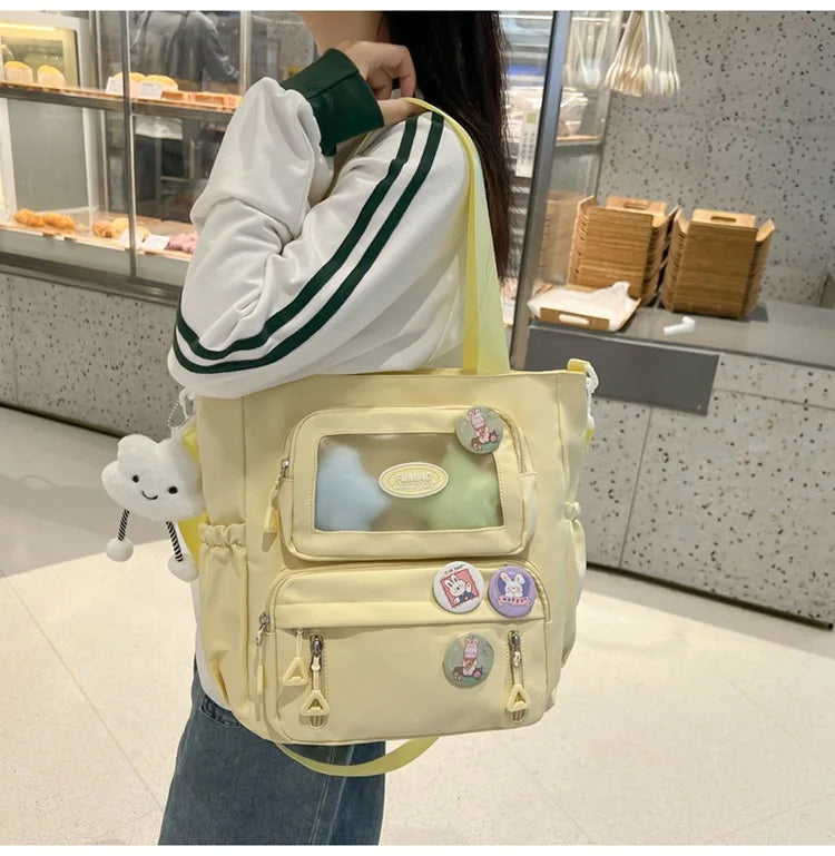 Mochila de camada transparente com vários bolsos e fecho, bolsa exterior grande