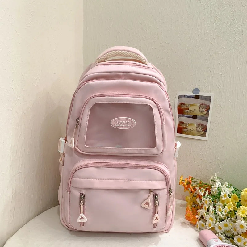 Mochila de camada transparente com vários bolsos e fecho, bolsa exterior grande