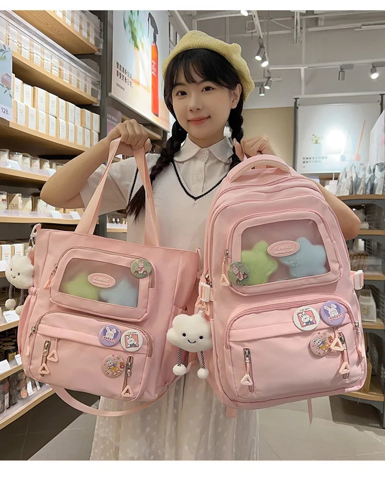 Mochila de camada transparente com vários bolsos e fecho, bolsa exterior grande