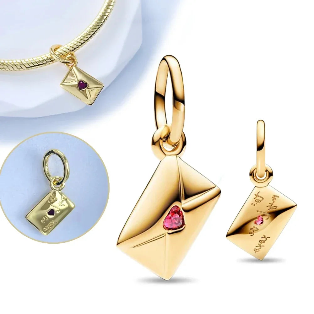 sterling silver 925 red love gold envelope mail pendant fit original pandora women's