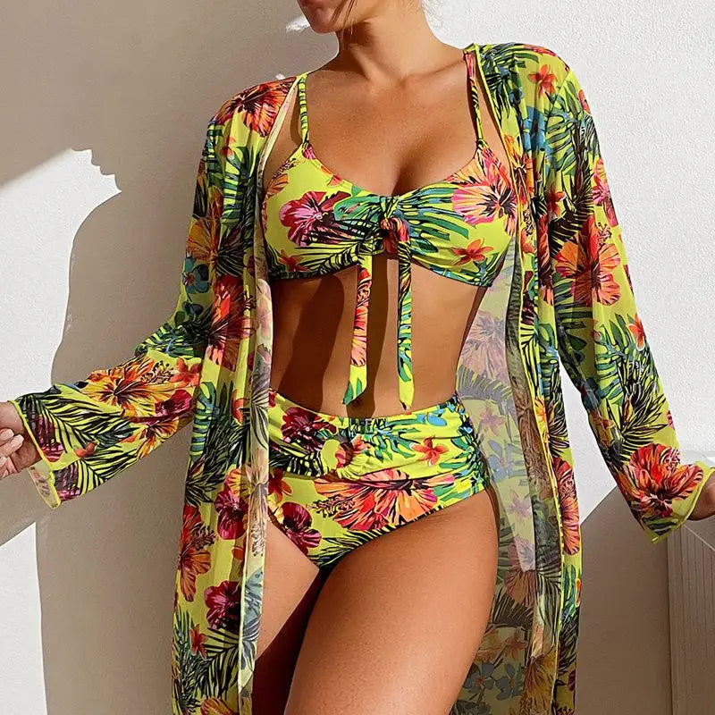 3-Piece Floral Bikini Set with Mesh Cover-Up