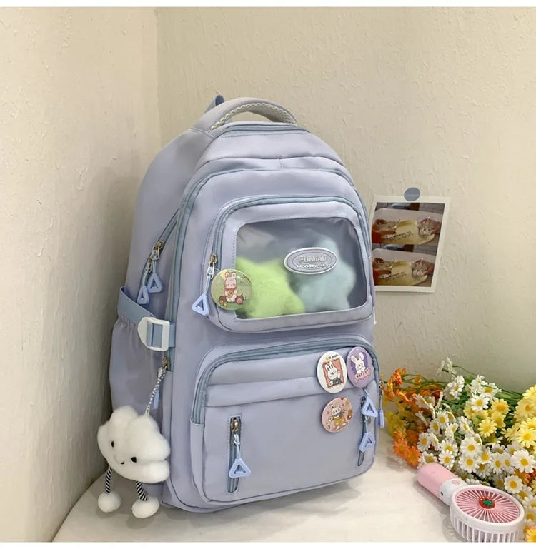 Mochila de camada transparente com vários bolsos e fecho, bolsa exterior grande