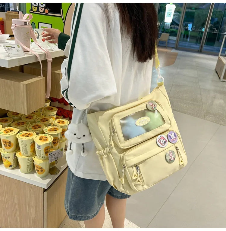 Mochila de camada transparente com vários bolsos e fecho, bolsa exterior grande