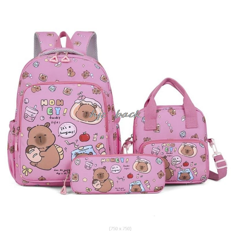 3Pcs/set Capybara Print Backpack Lunch Bag with Pencilcase Colorful Patterns Boys Girls