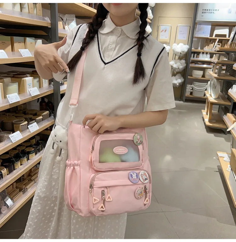 Mochila de camada transparente com vários bolsos e fecho, bolsa exterior grande