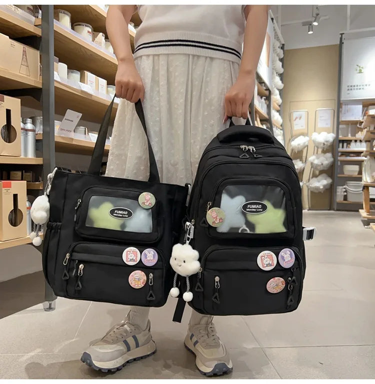 Mochila de camada transparente com vários bolsos e fecho, bolsa exterior grande