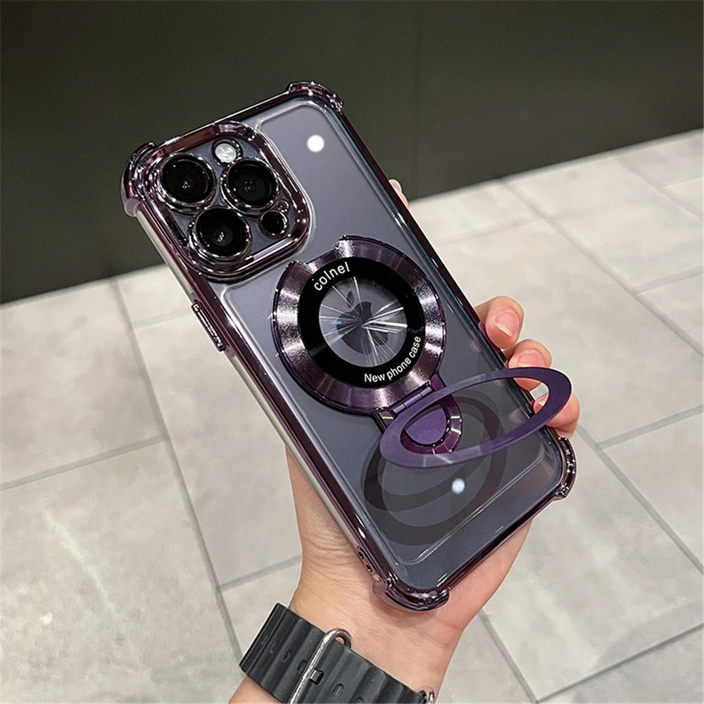 Luxury Plating Shockproof Magnetic Bracket For Magsafe Clear Case For iPhone