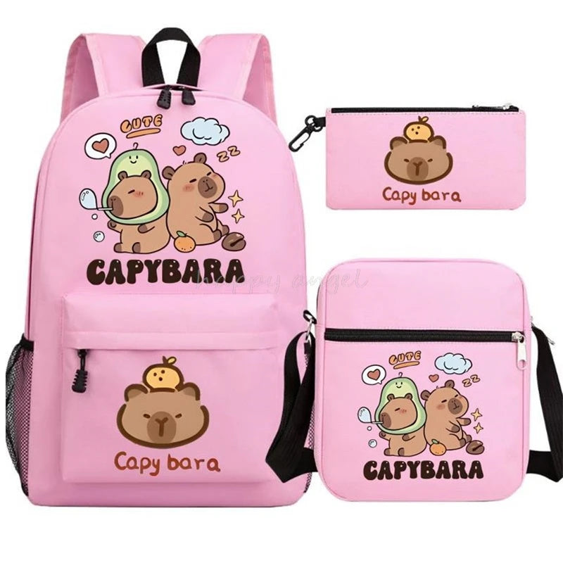 New Capybara Anime Print 3Pcs/Set Backpack Teenager Boy School Bag Laptop