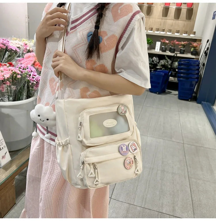 Mochila de camada transparente com vários bolsos e fecho, bolsa exterior grande