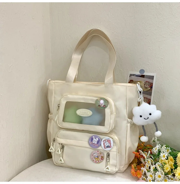 Mochila de camada transparente com vários bolsos e fecho, bolsa exterior grande
