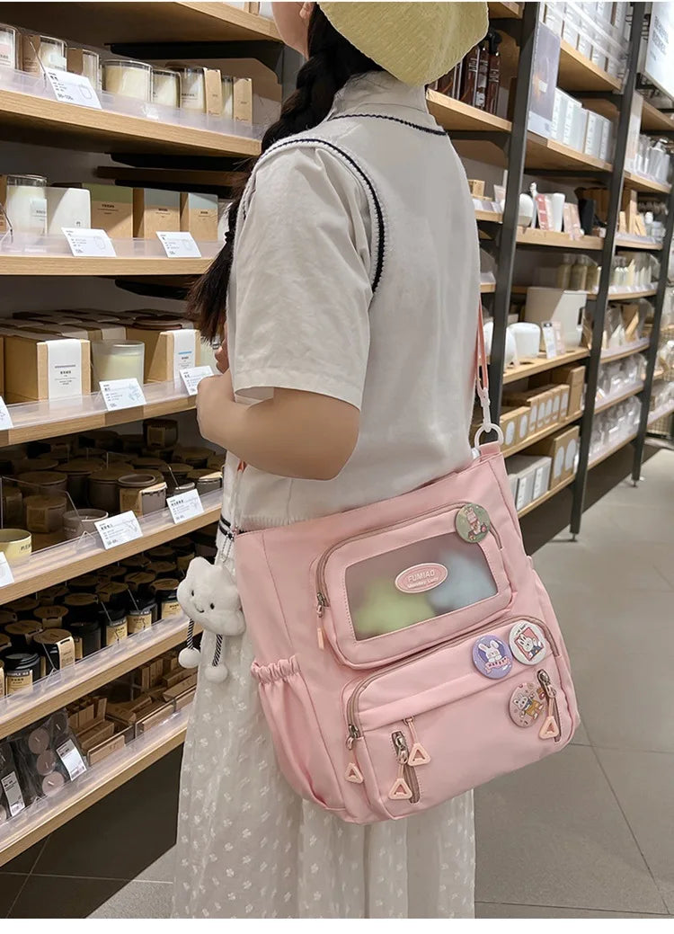 Mochila de camada transparente com vários bolsos e fecho, bolsa exterior grande