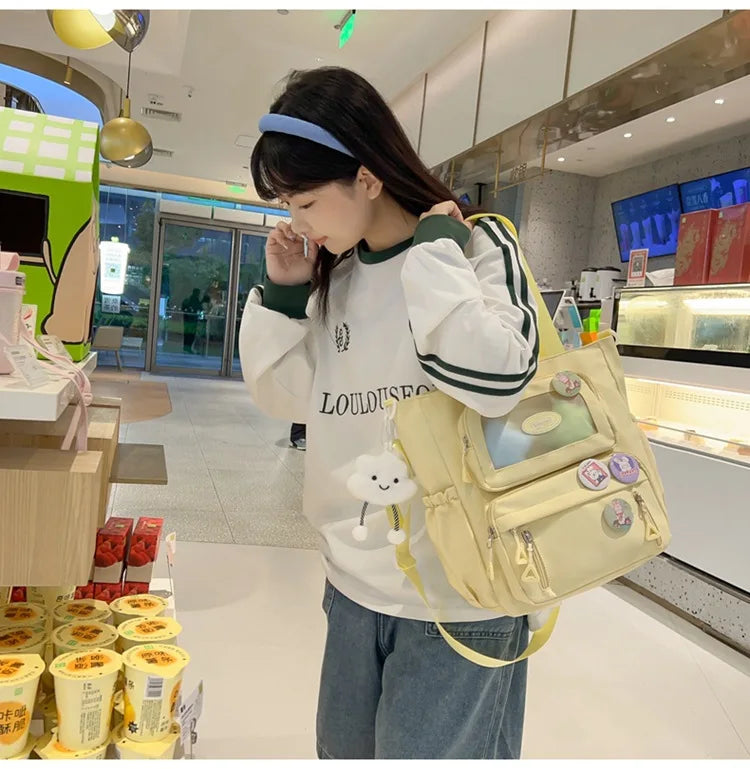Mochila de camada transparente com vários bolsos e fecho, bolsa exterior grande