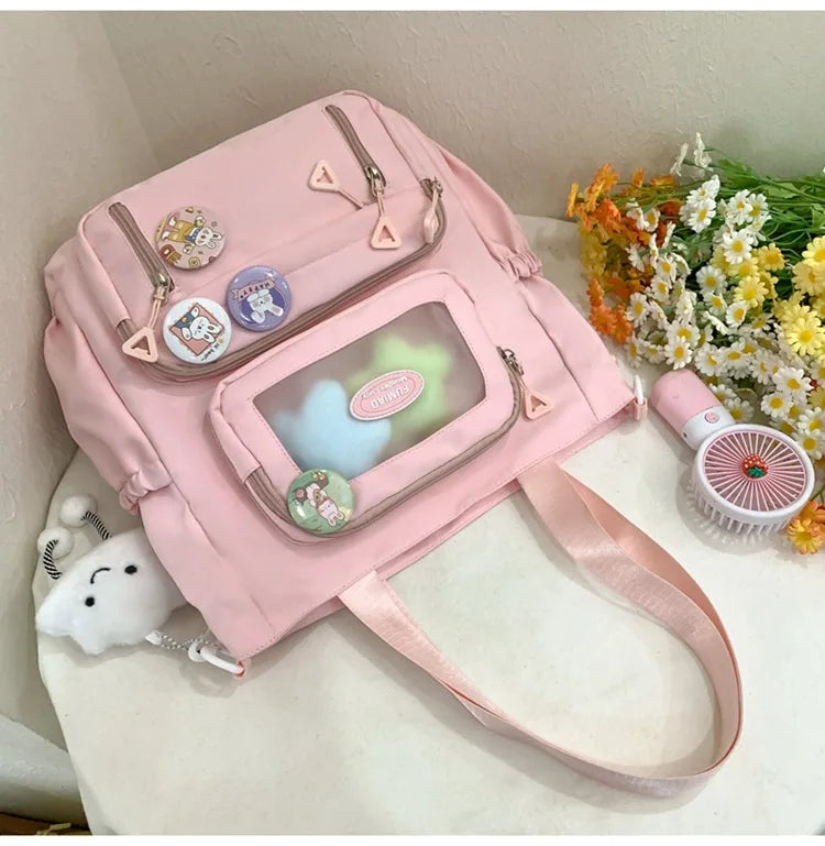 Mochila de camada transparente com vários bolsos e fecho, bolsa exterior grande