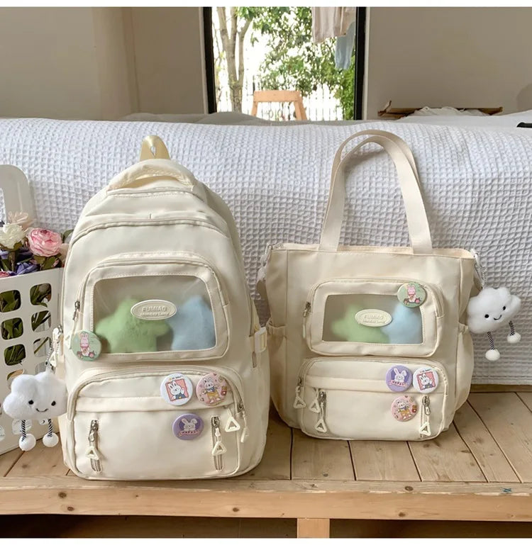 Mochila de camada transparente com vários bolsos e fecho, bolsa exterior grande