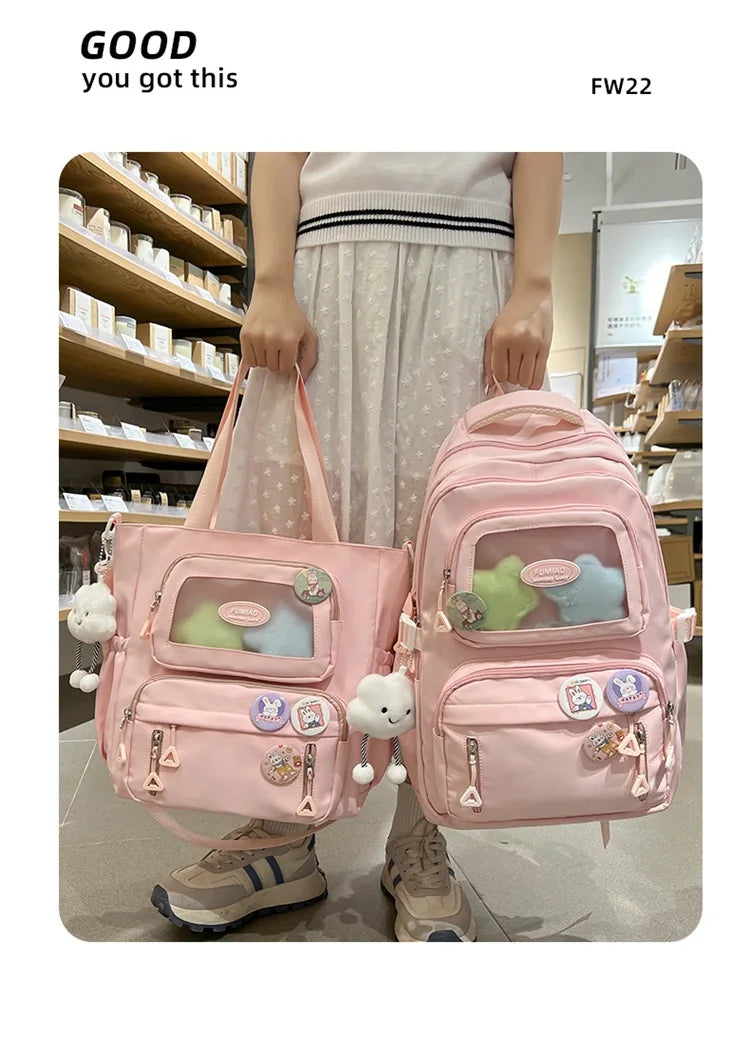Mochila de camada transparente com vários bolsos e fecho, bolsa exterior grande