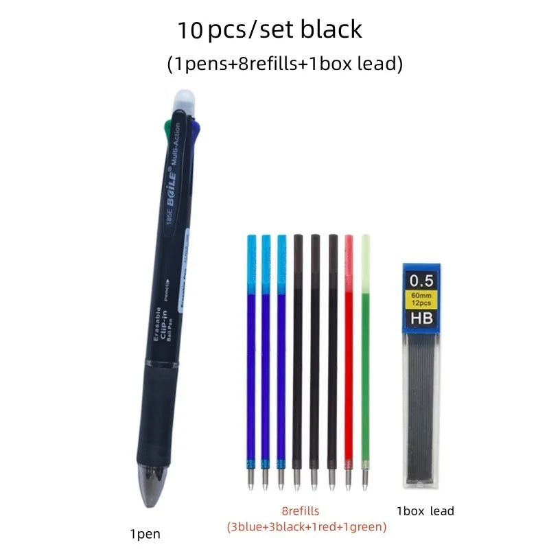 5 In 1 Multicolor Erasable Gel Pen with 4 Colors Replaceable Pen Refill