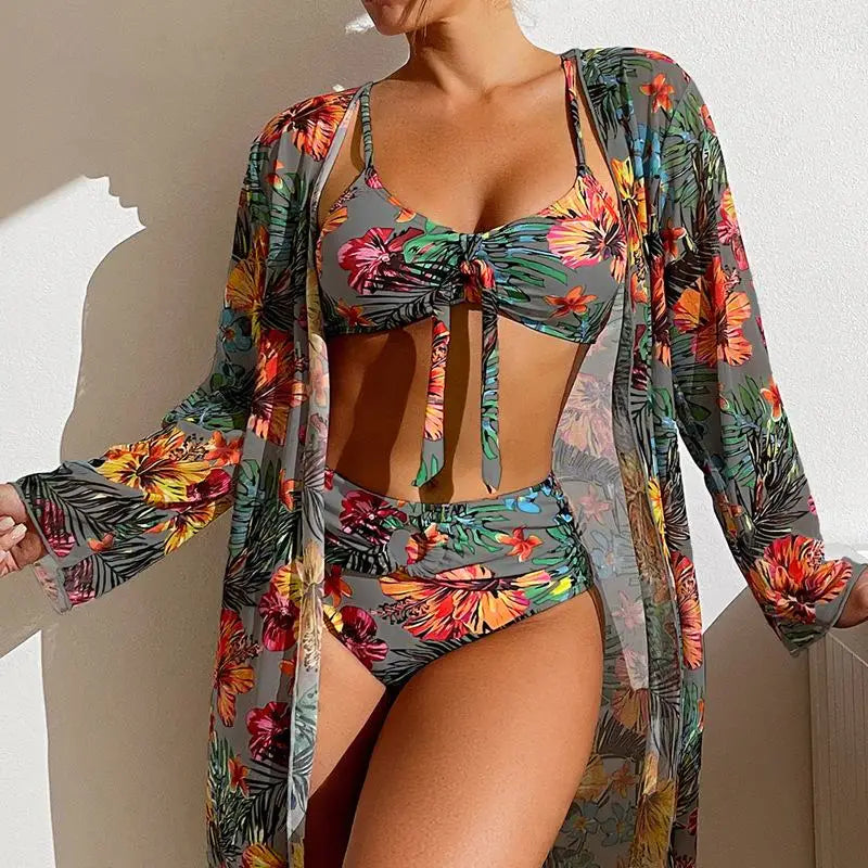 3-Piece Floral Bikini Set with Mesh Cover-Up