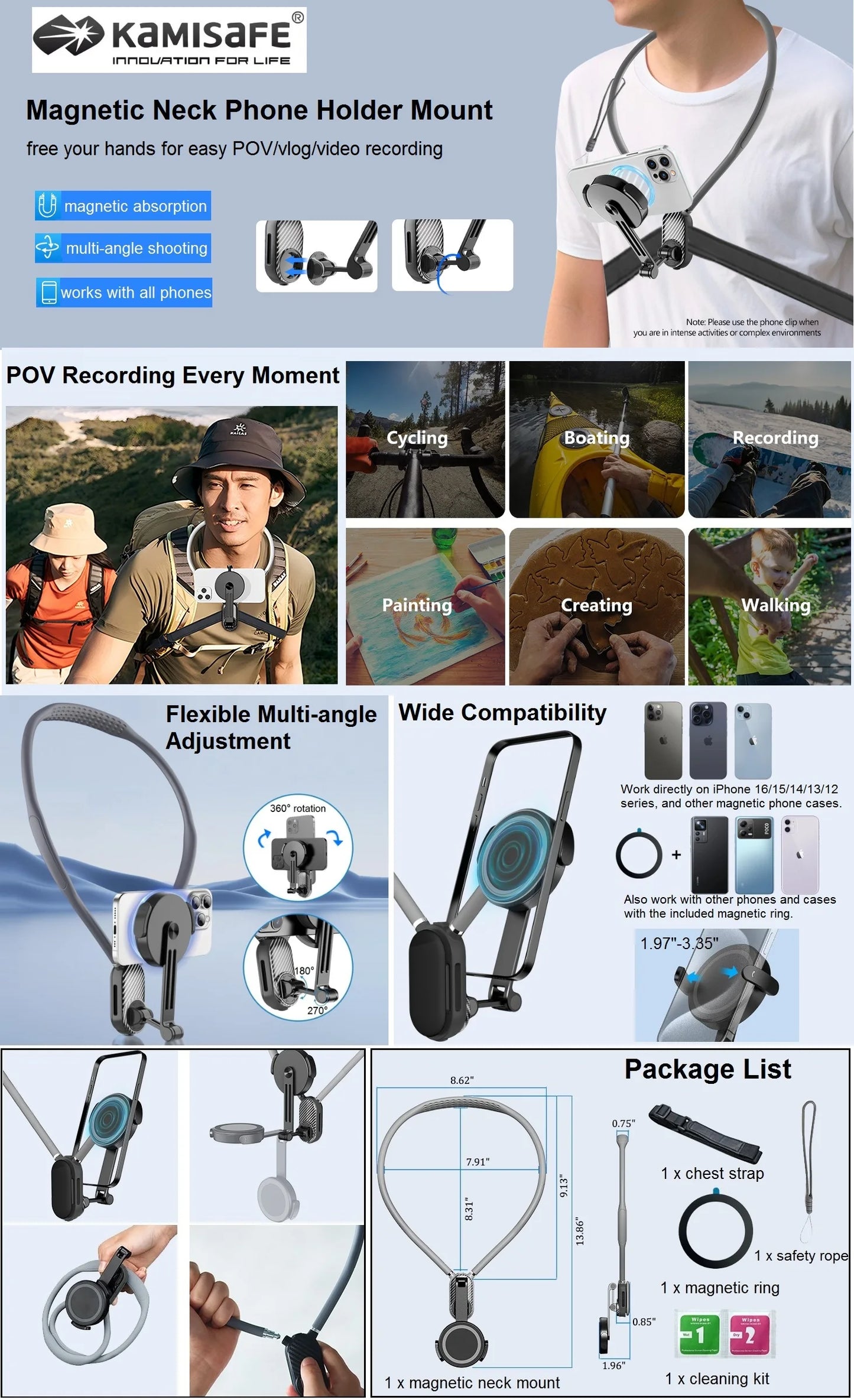 Suporte magnético para telefone POV com suporte para pescoço para gravação de vídeo