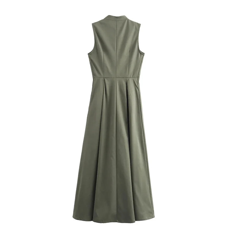 TRAF Vestido comprido com fecho para mulher plissado sem mangas