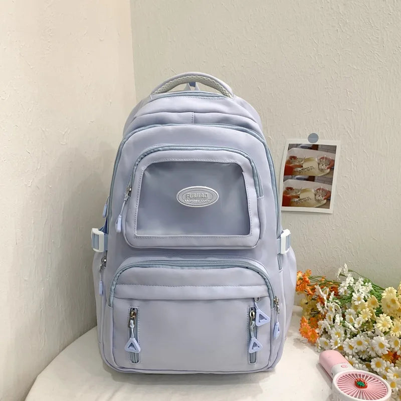 Mochila de camada transparente com vários bolsos e fecho, bolsa exterior grande
