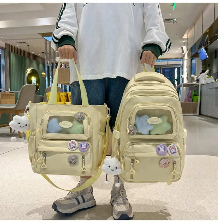 Mochila de camada transparente com vários bolsos e fecho, bolsa exterior grande