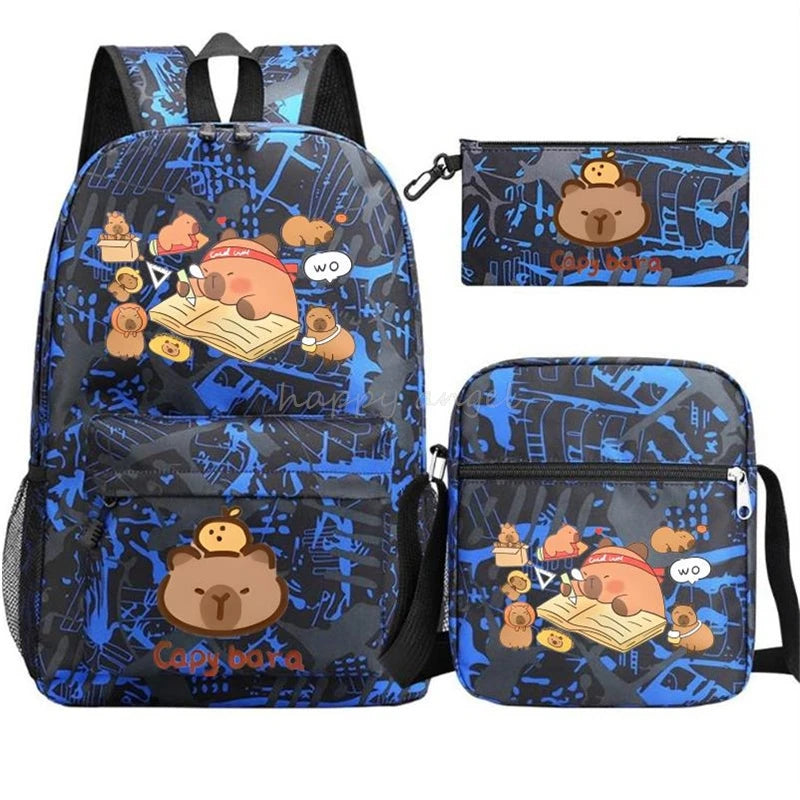 New Capybara Anime Print 3Pcs/Set Backpack Teenager Boy School Bag Laptop