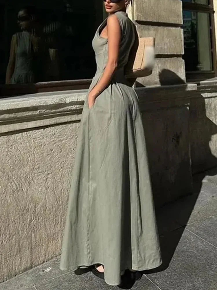 TRAF Vestido comprido com fecho para mulher plissado sem mangas