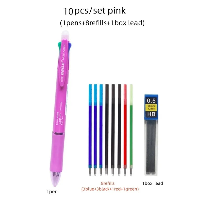5 In 1 Multicolor Erasable Gel Pen with 4 Colors Replaceable Pen Refill