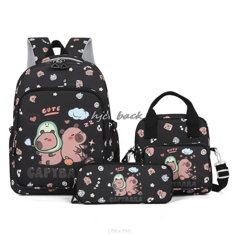 3Pcs/set Capybara Print Backpack Lunch Bag with Pencilcase Colorful Patterns Boys Girls