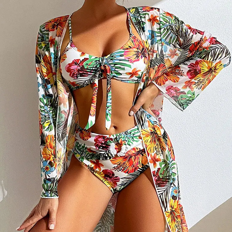 3-Piece Floral Bikini Set with Mesh Cover-Up